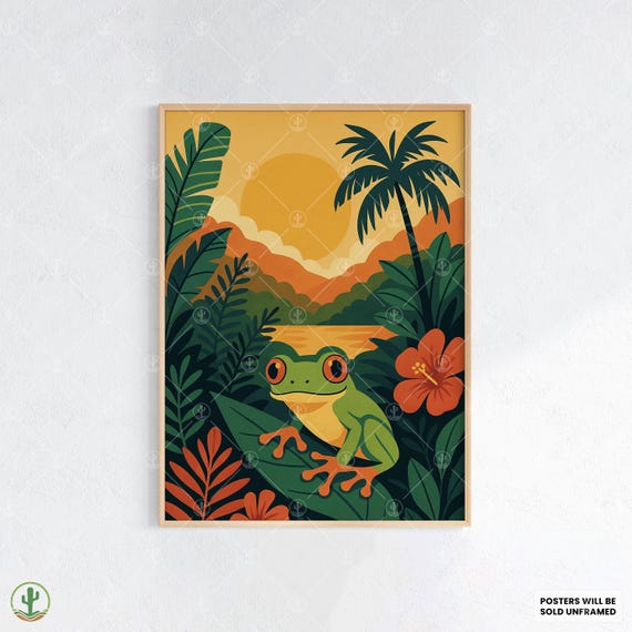 Tropical Tree Frog Wall Art Print Vibrant Jungle Poster With Sunset Hibiscus Flowers Lush Rainforest Leaves