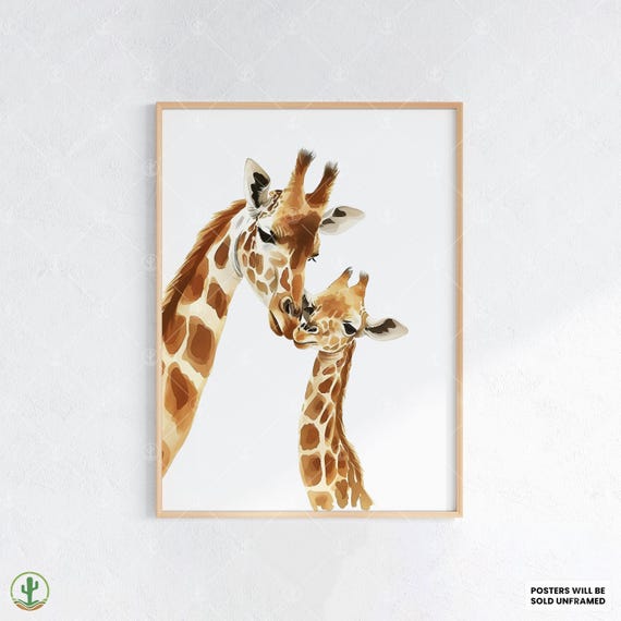 Mother And Baby Giraffe Nursery Wall Art Print Cute Room Decor Animal Kids Poster