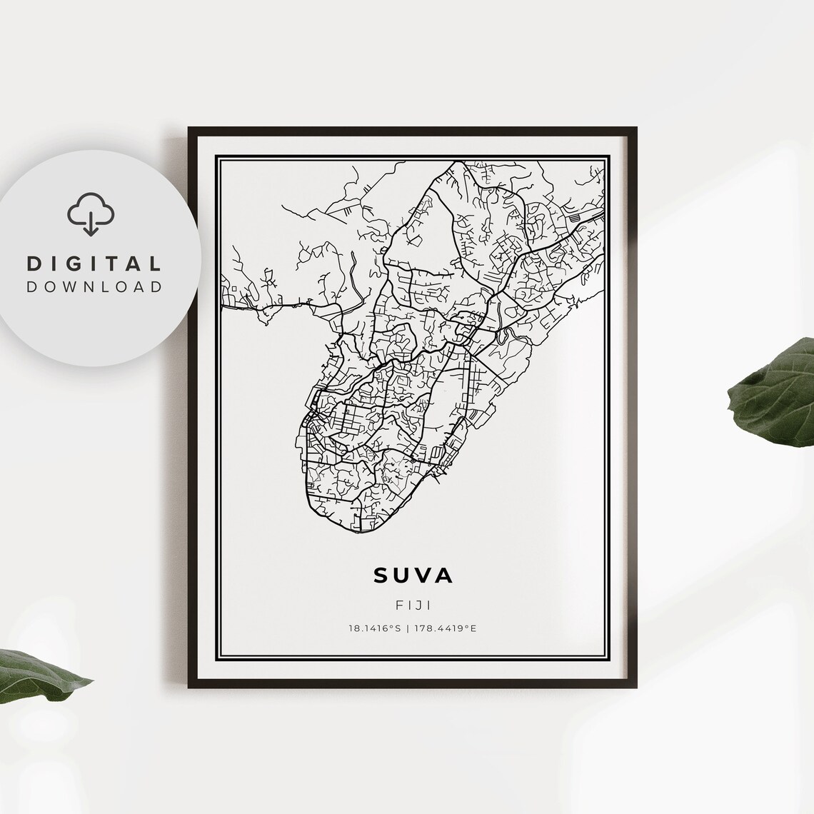 Suva Fiji Capital Minimalist Black Line City Street Map Art Poster