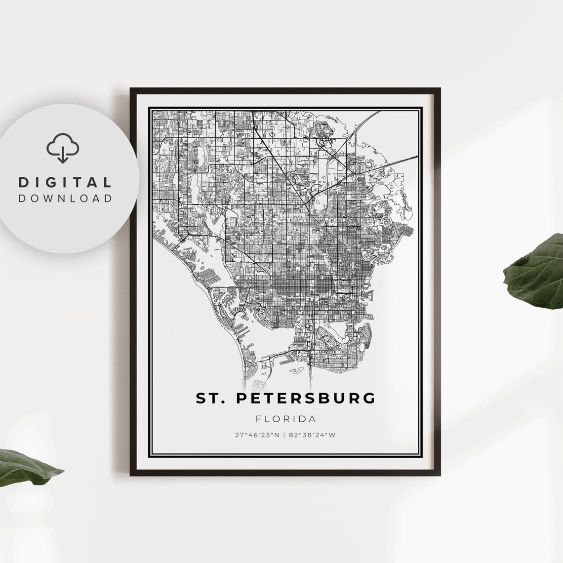 St Petersburg Florida City Map Poster Minimalist Black White Decor