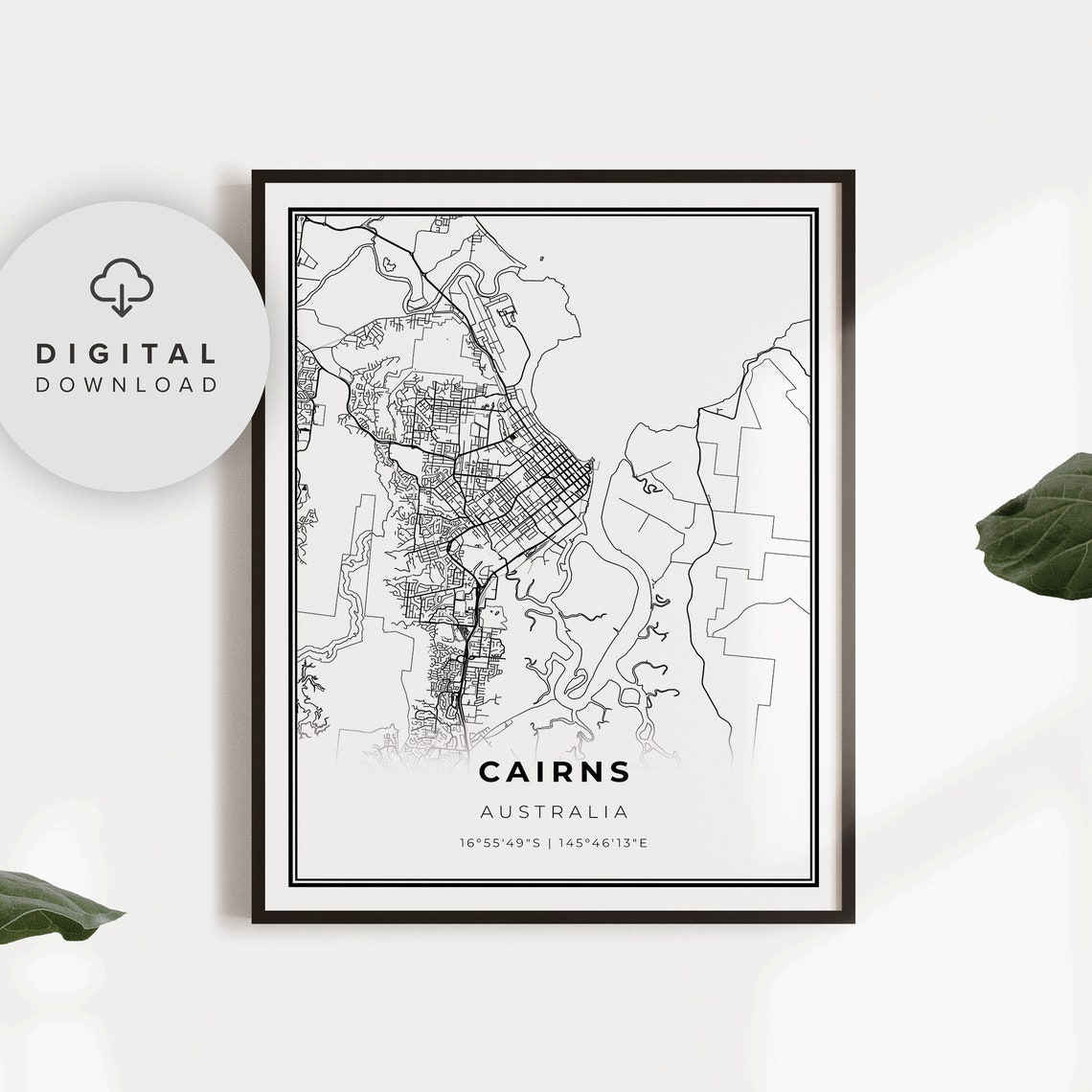 Cairns Australia Minimalist Black and White City Street Map Poster