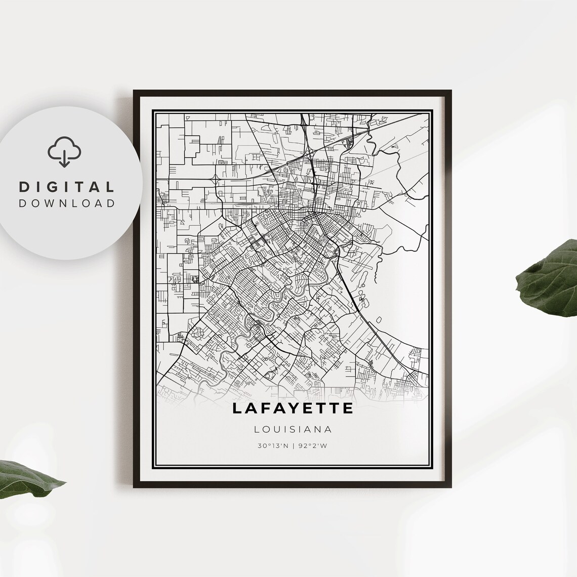 Lafayette Louisiana Minimalist Black and White City Street Map Poster