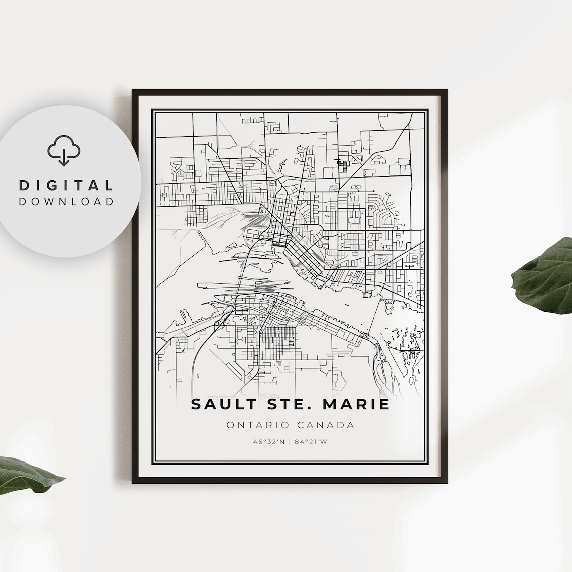 Sault Ste Marie Ontario Canada City Street Map Monochrome Art Poster