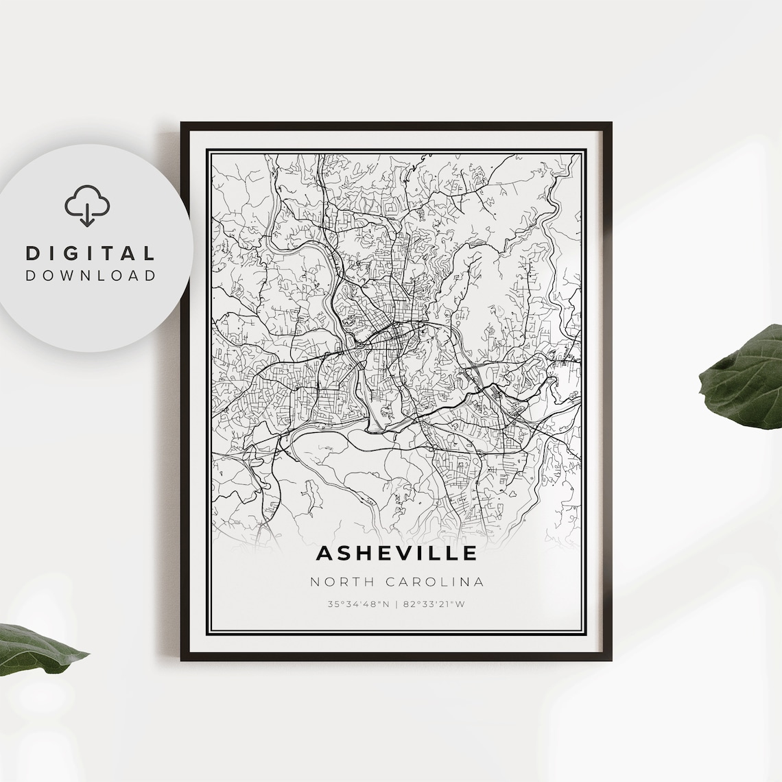 Asheville North Carolina Detailed Street Map Minimalist Art Print