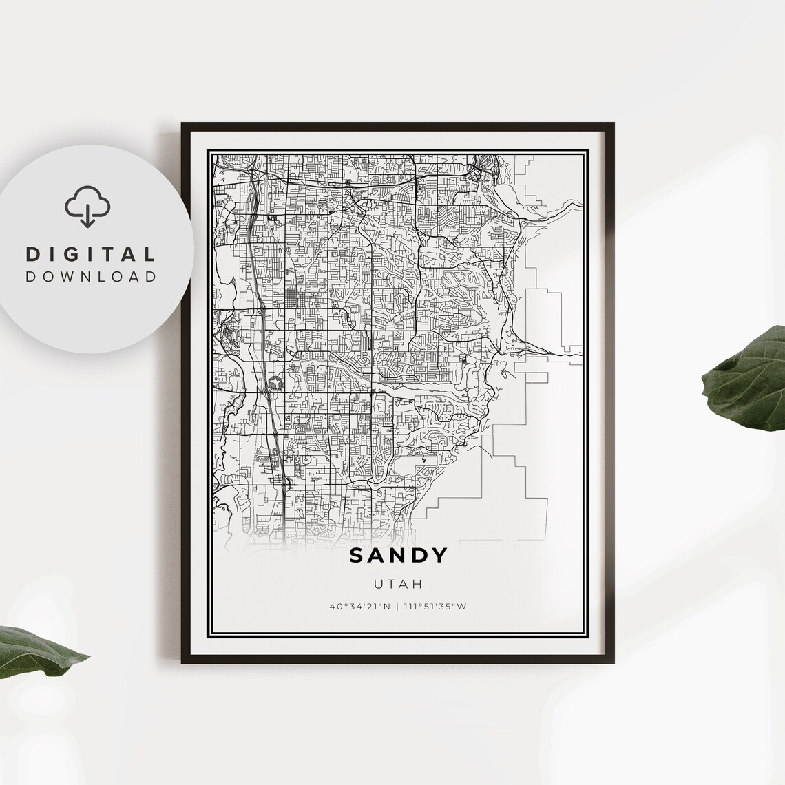 Sandy Utah City Street Map Minimalist Dark Line Art City Poster