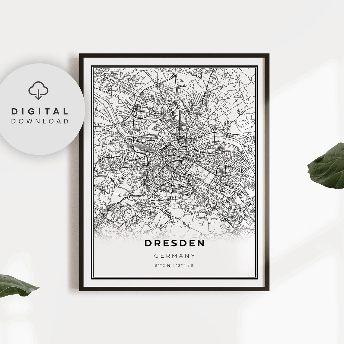 Dresden Germany Historic City Street Map Poster with Coordinates
