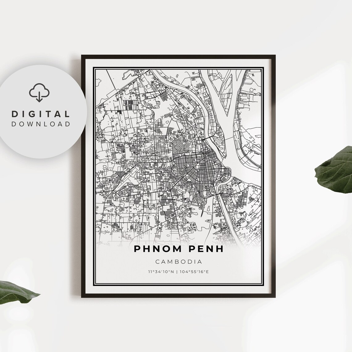 Phnom Penh Cambodia City Street Map Minimalist Black Line Art Poster