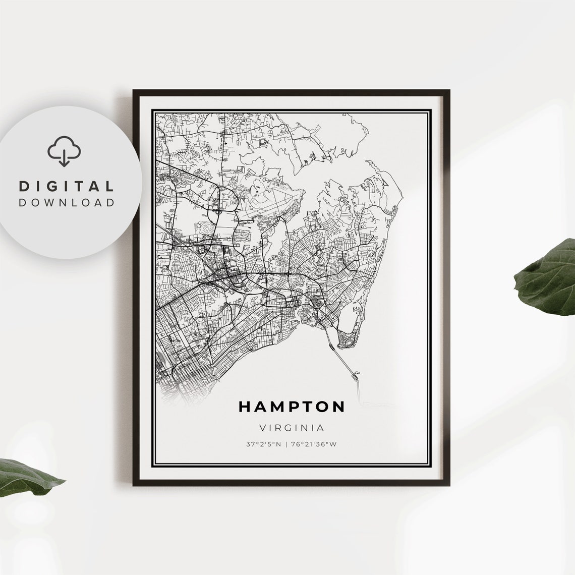 Hampton Map Print Virginia Va Usa Art Poster City Street Road Etsy Np80