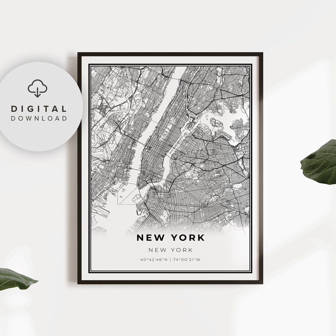 New York City Street Map Minimalist Black and White Travel Poster