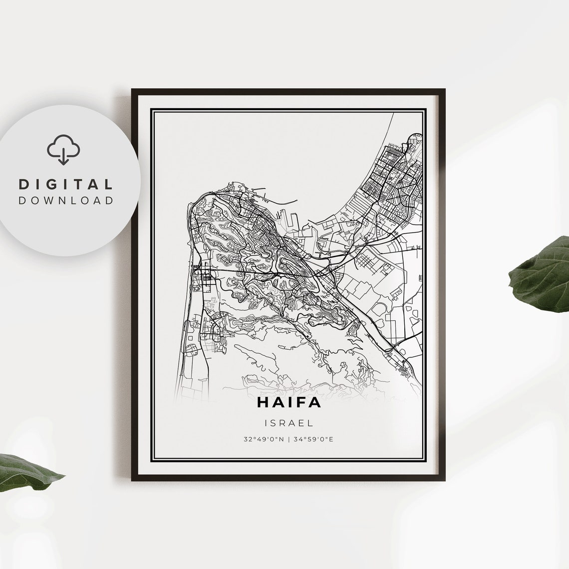 Haifa Israel City Street Map Coordinates Modern Black Wall Art