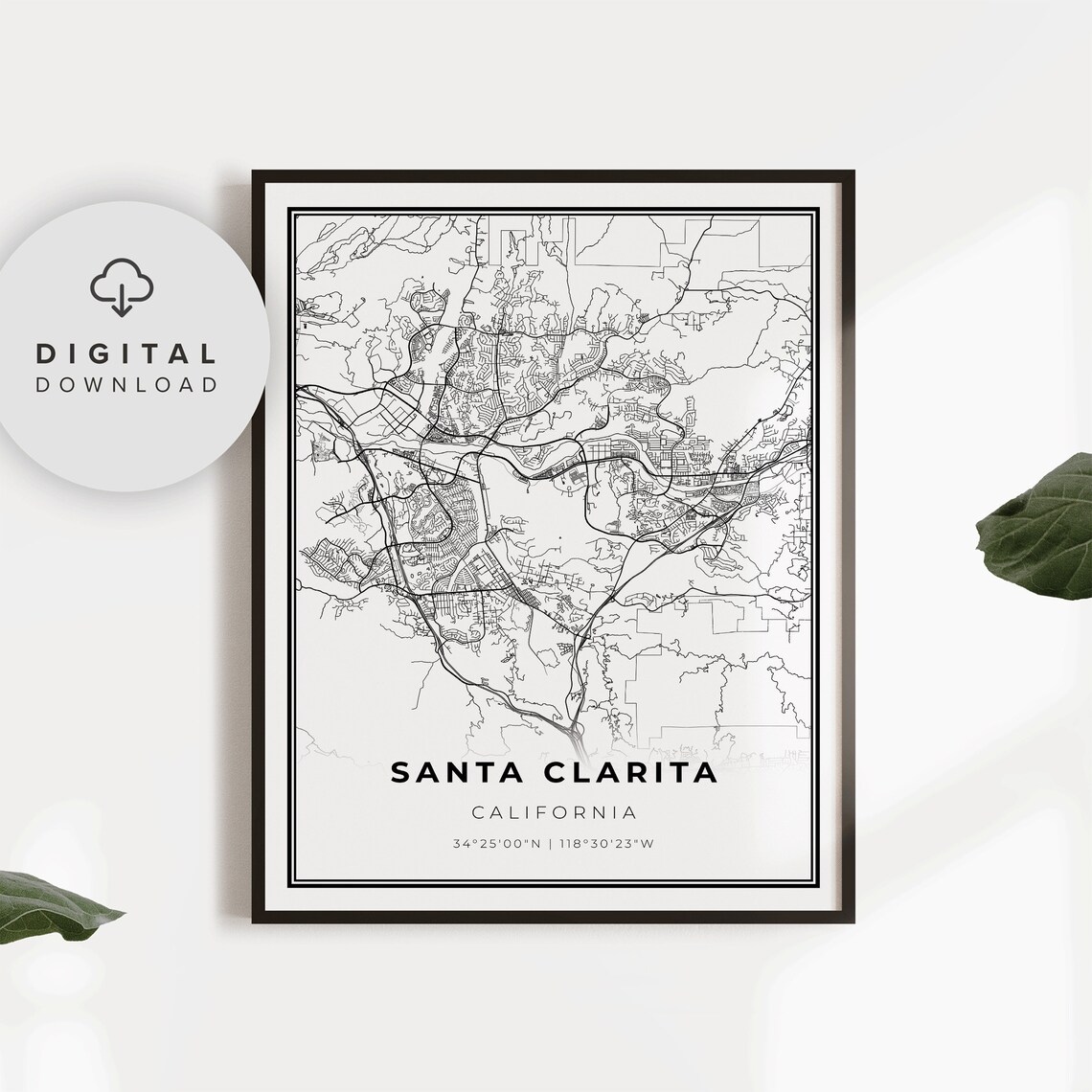 Santa Clarita California Black White Street Map Minimalist Art Poster