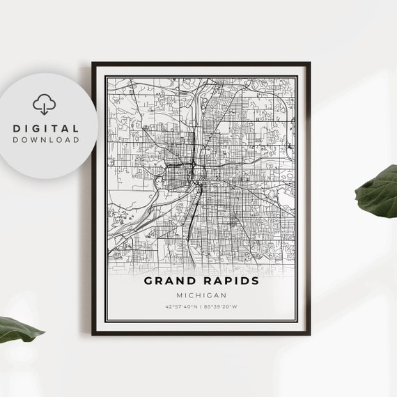 Grand Rapids Map Print Michigan Mi Usa Art Poster City Street Road Gift Her Np351