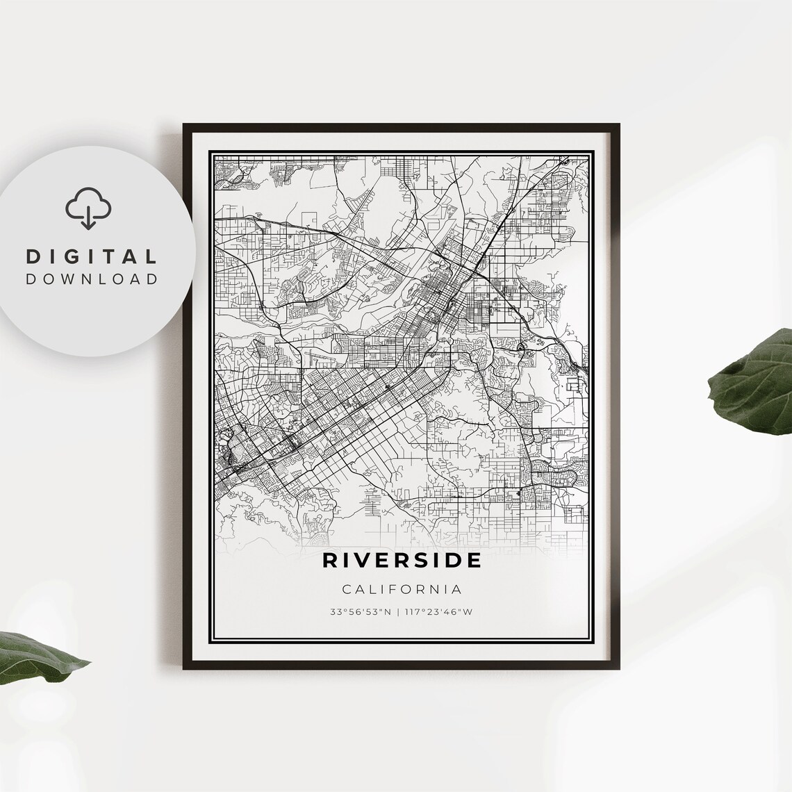 Riverside California Black and White City Street Map Art Poster
