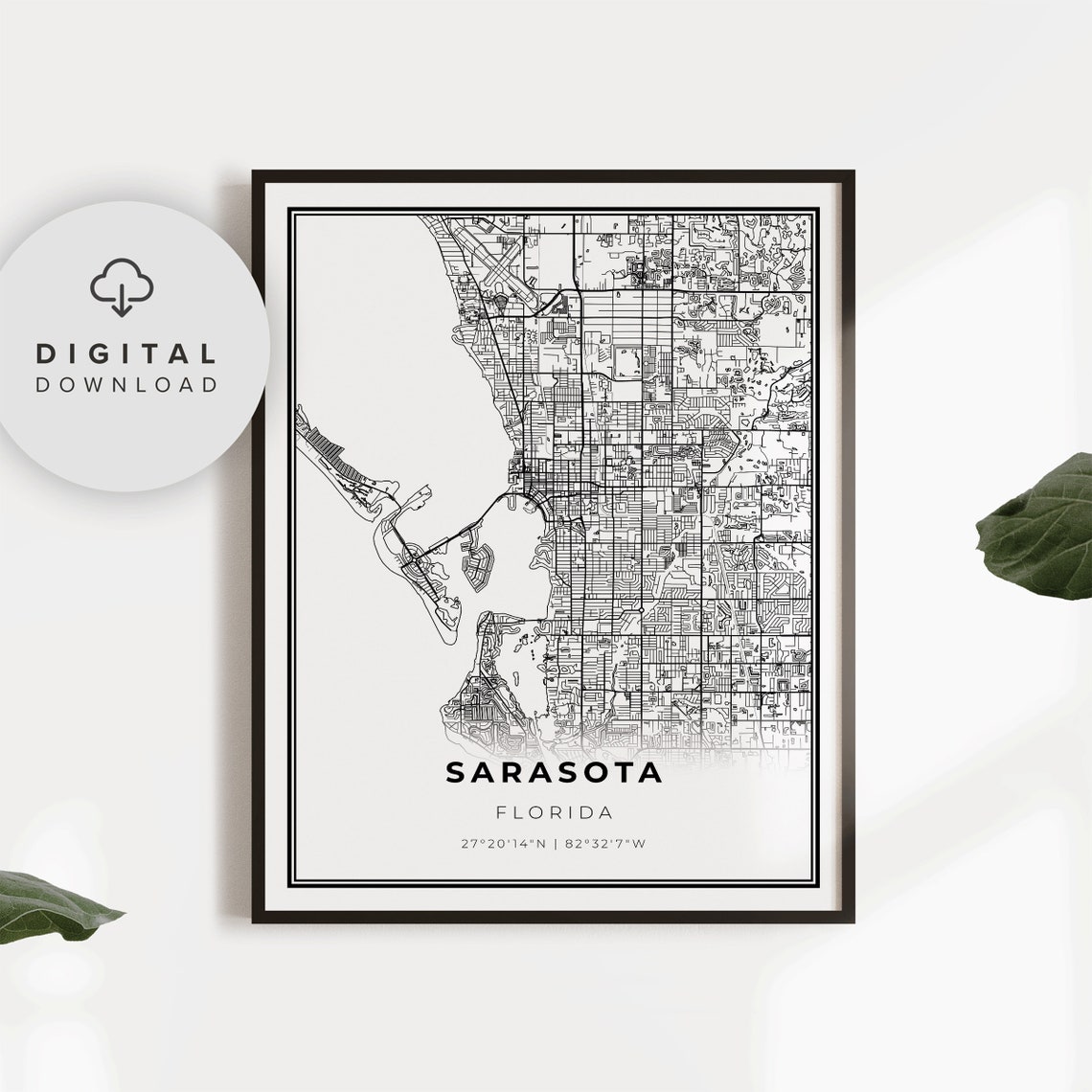 Sarasota Florida Black and White City Street Map Minimalist Poster