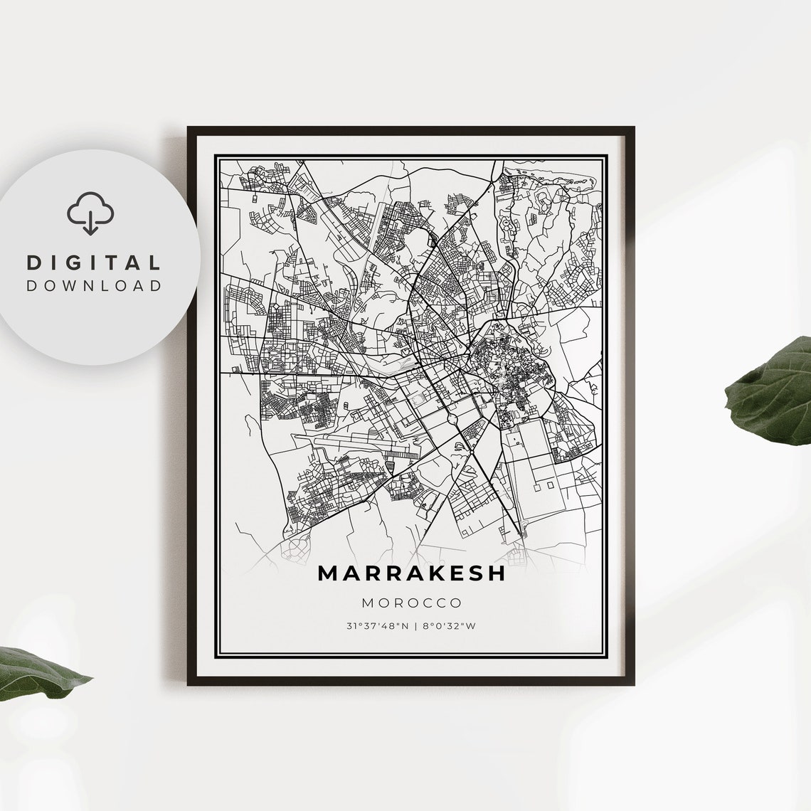 Marrakesh Morocco City Street Map Minimalist Black and White Poster