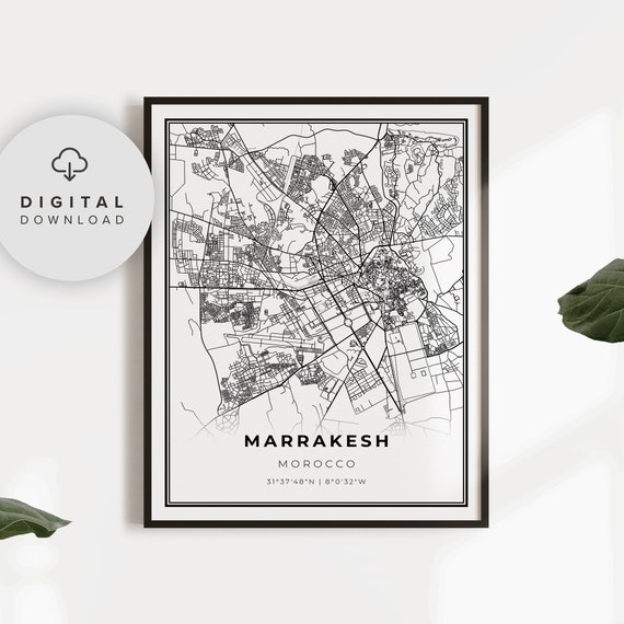 Marrakesh Map Print Morocco Art Poster Marrakech City Street Road Gift Him Np615
