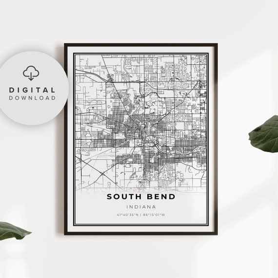 South Bend Map Print Indiana In Usa Art Poster Notre Dame Univveristy City Street Road Np214