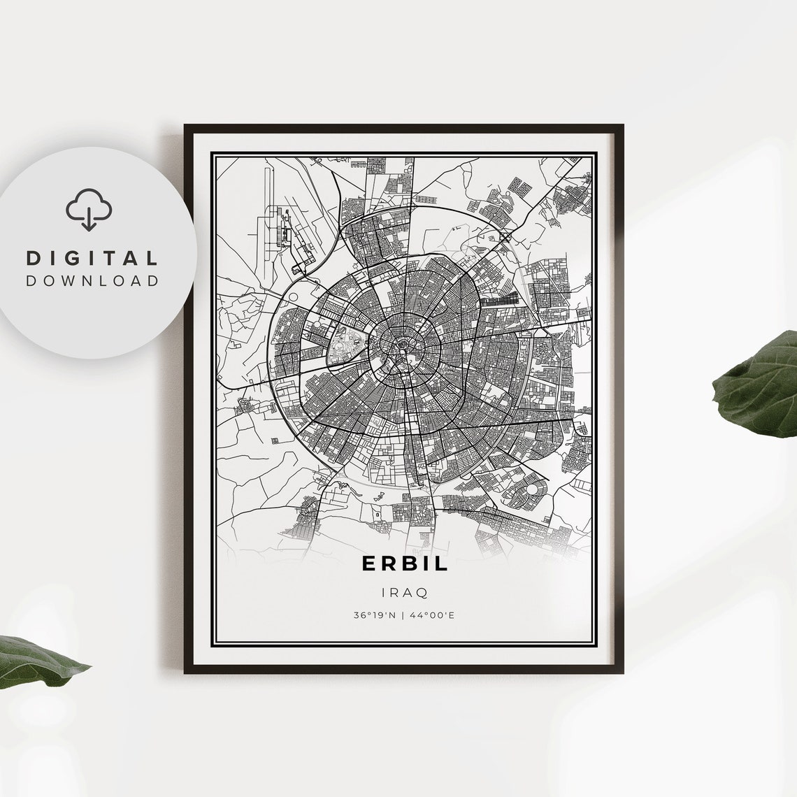Erbil Iraq Black and White Circular City Map Coordinates Poster