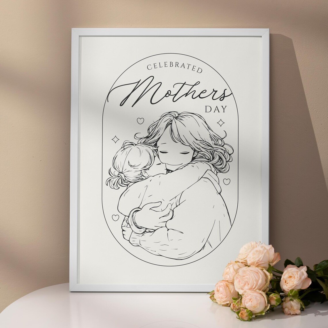 Sweet Celebrated Mothers Day Mom And Daughter Hug Line Art Poster