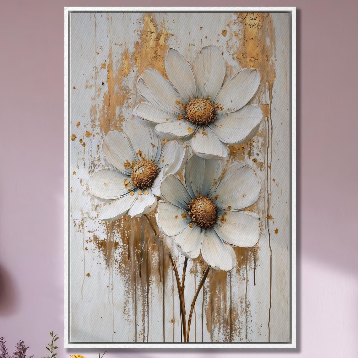 Three White Flowers with Gold Centers Botanical Elegant Art Poster