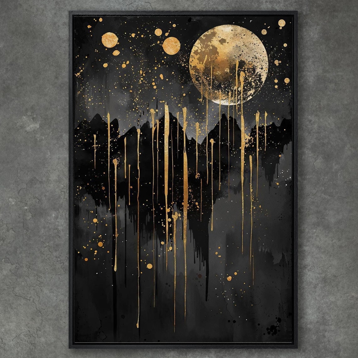 Black And Gold Dripping Moon Over Mountain Silhouette Art Poster