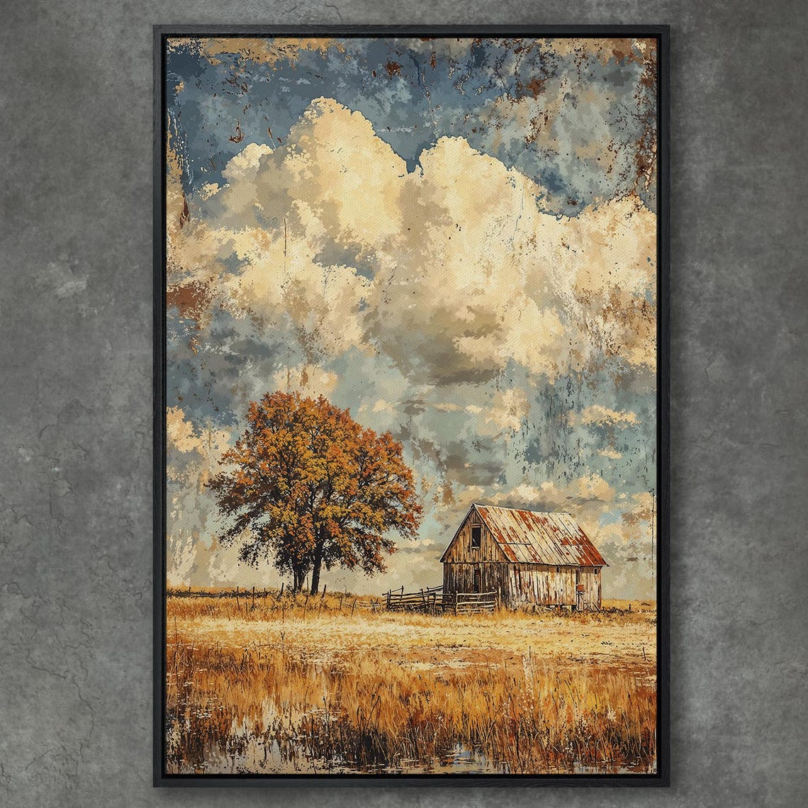 Rustic Weathered Barn Standing in Golden Autumn Field Poster