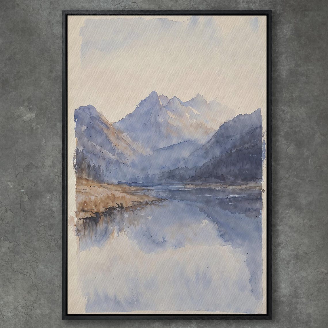 Misty Blue Mountain Lake Reflection Watercolor Landscape Poster