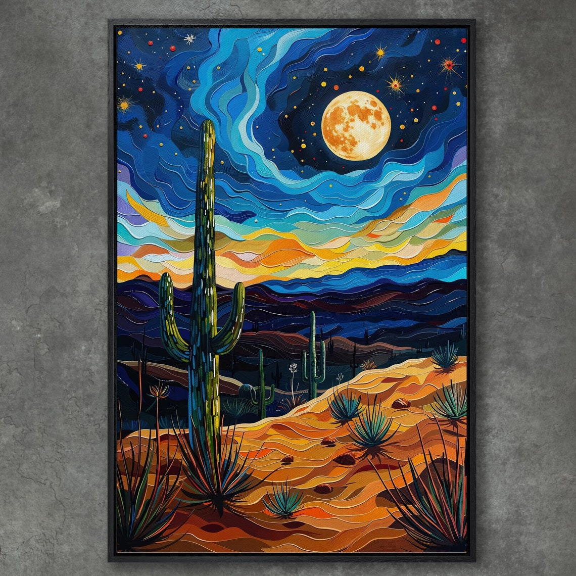 Starry Desert Night Swirling Sky Cactus Full Moon Painting Poster
