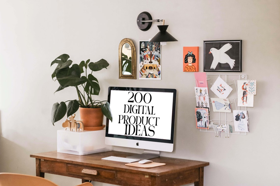 200 Digital Product Ideas Cozy Desk Setup Workspace Decor Poster