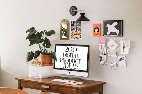 200 Digital Product Ideas Cozy Desk Setup Workspace Decor Poster