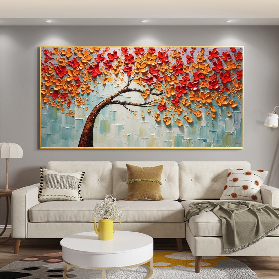 Red Orange Blossom Tree with Curved Trunk Blue Mosaic Poster - Image 5