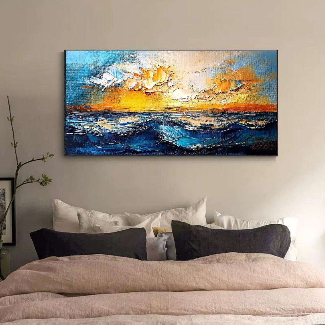 Dramatic Golden Sunset Ocean Waves Heavy Impasto Art Wall Poster - Image 2