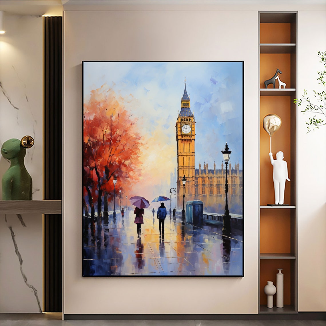 Rainy London Street with Big Ben Umbrellas and Autumn Poster - Image 4