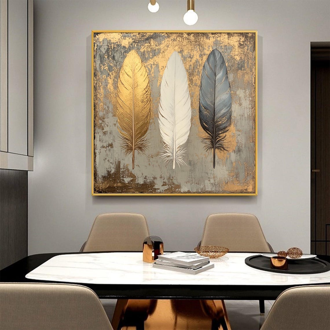 Three Gold White Gray Feathers Gold Leaf Oil Painting Poster - Image 3