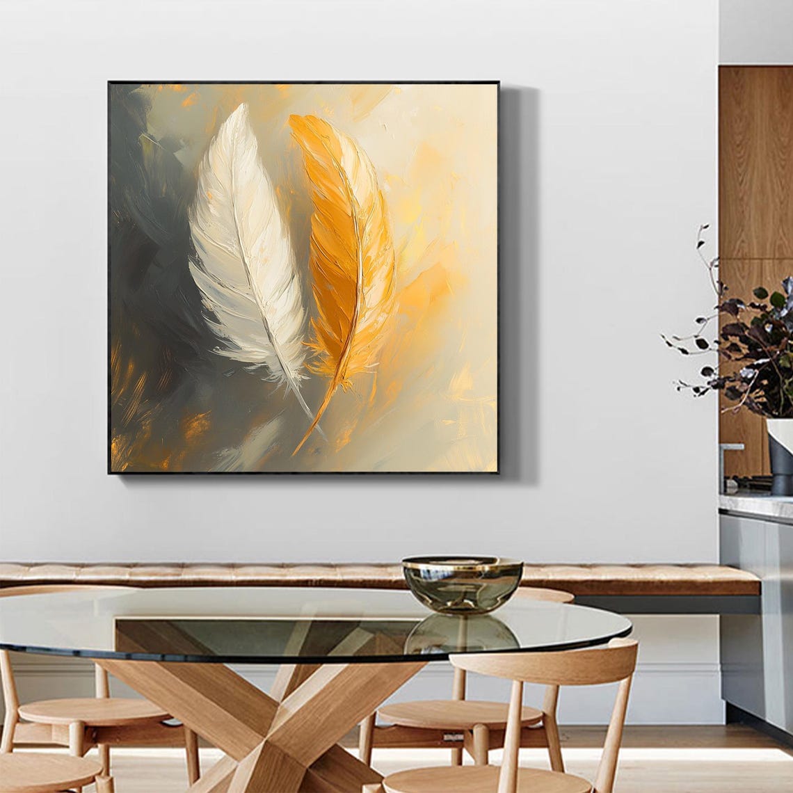 White and Golden Feather Pair Elegant Abstract Oil Art Poster - Image 3