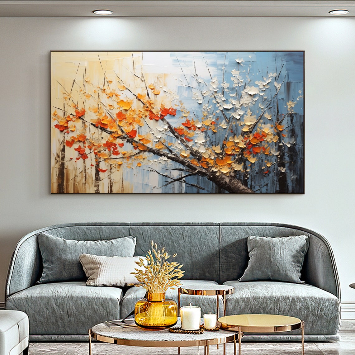 Orange Blossom Branch Blue Palette Knife Floral Painting Poster - Image 3
