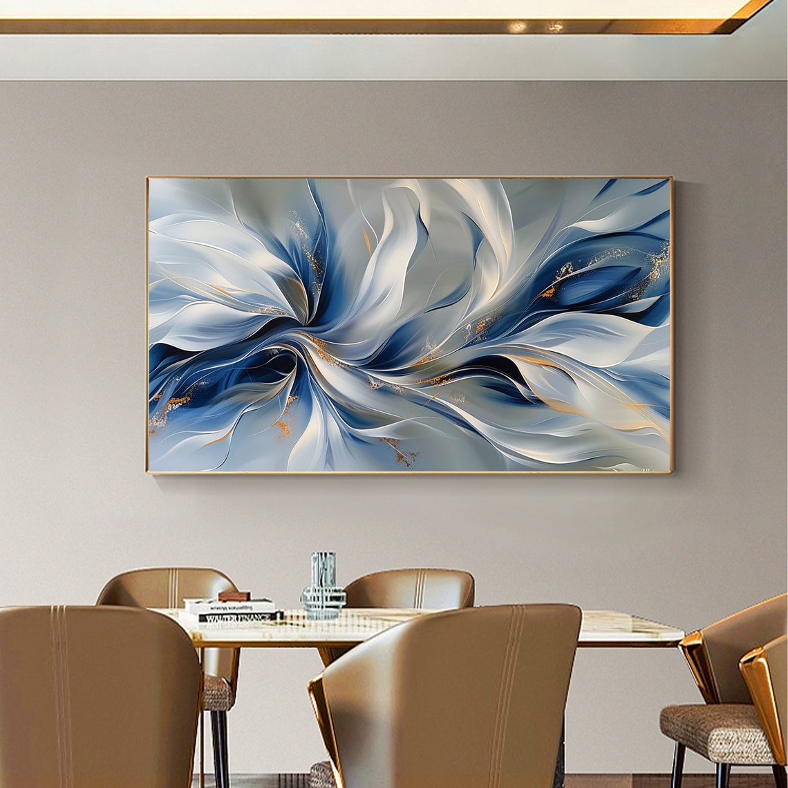 Blue White Silk Flow Gold Accents Abstract Flowing Painting Poster - Image 2