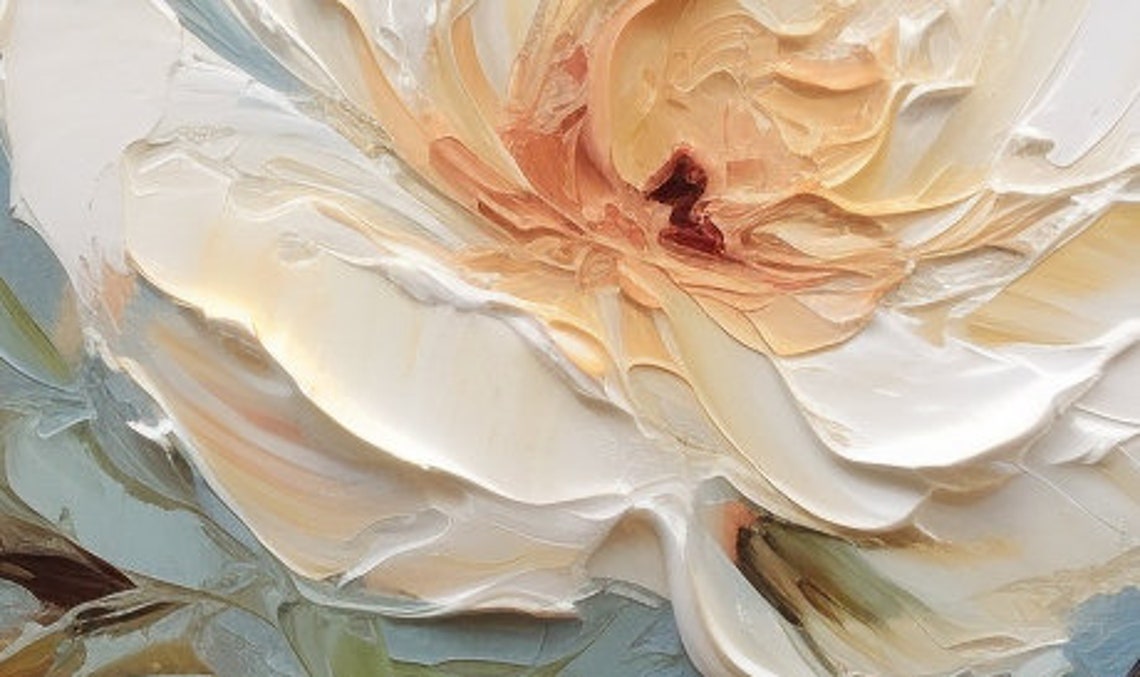 White Roses Blue Gray Background Impasto Floral Painting Poster - Image 3