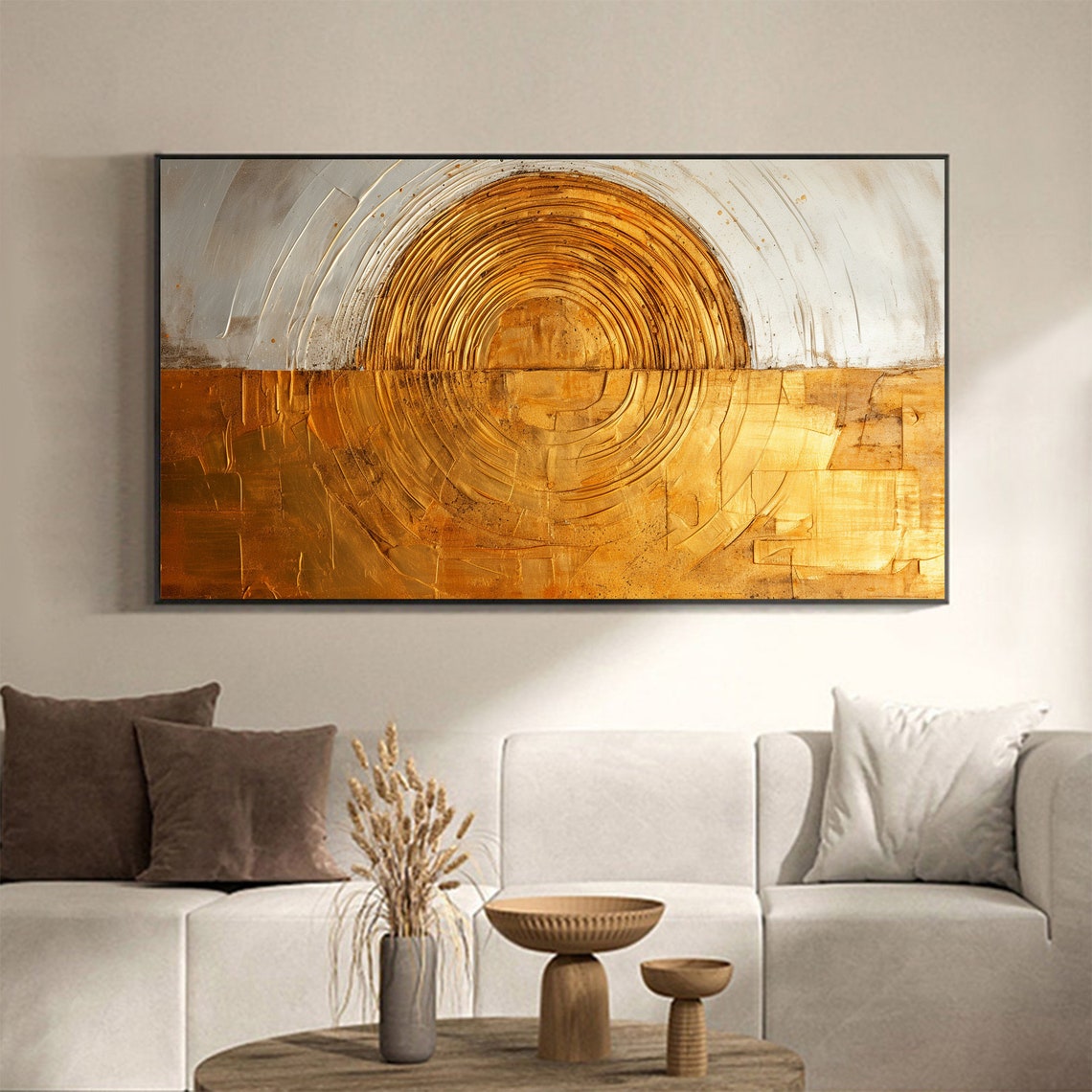 Golden Circle Sun Gray Minimalist Textured Abstract Painting Poster - Image 3