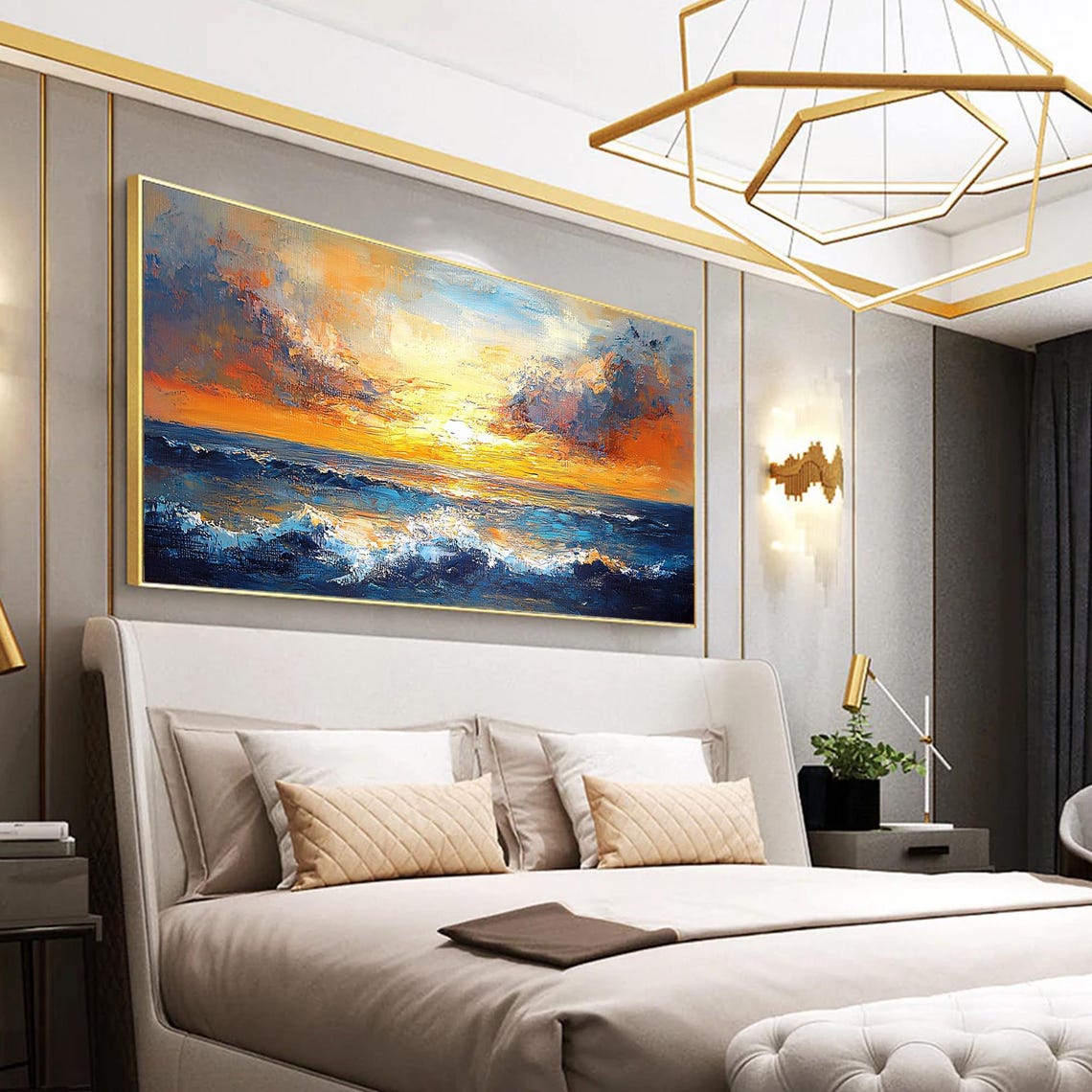 Ocean Sunset Waves Orange Sky Blue Sea Landscape Painting Poster - Image 6