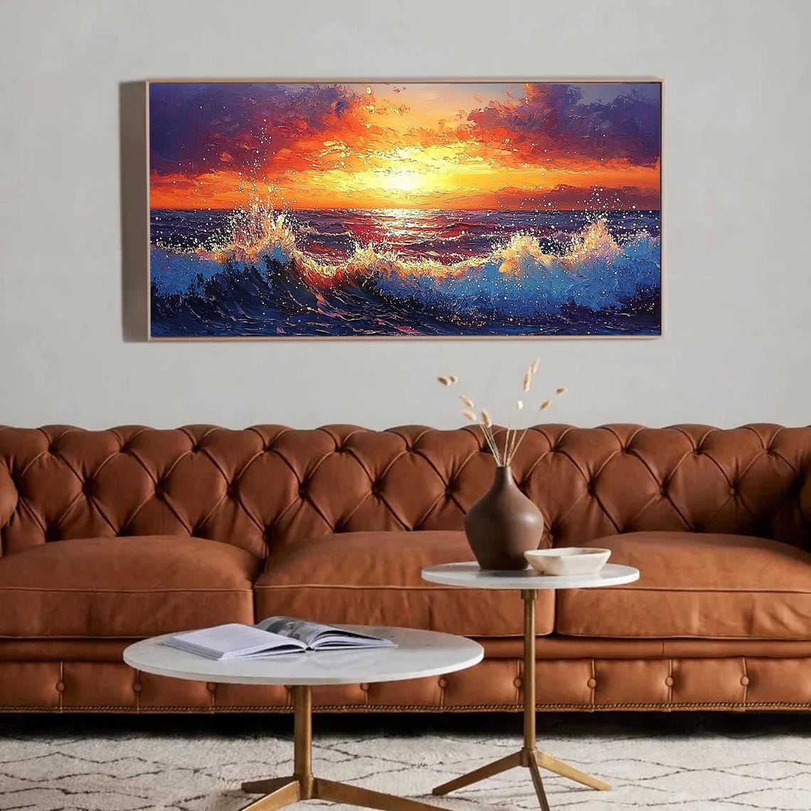 Fiery Orange Sunset over Deep Blue Ocean Waves Oil Art Poster - Image 2