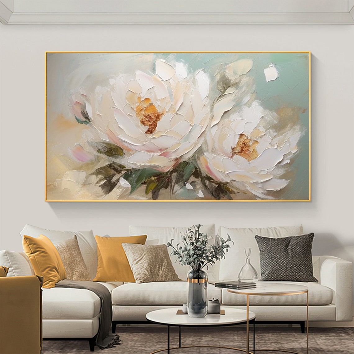 Soft White Peonies Teal Dreamy Pastel Floral Painting Poster - Image 7