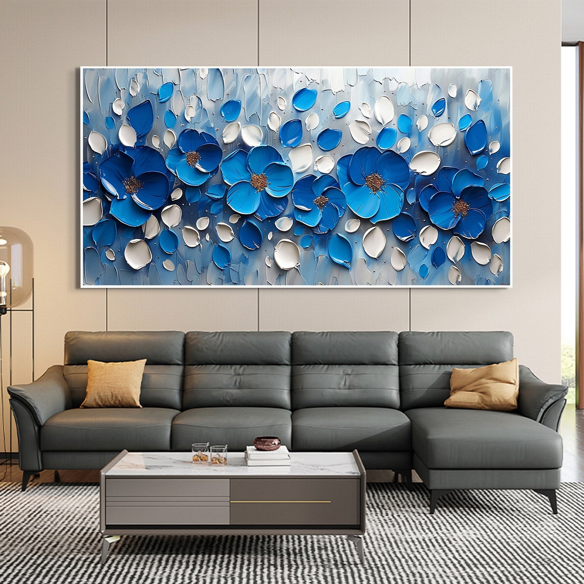 Blue Blossoms with Gold Centers on Textured Aqua Canvas Poster - Image 2