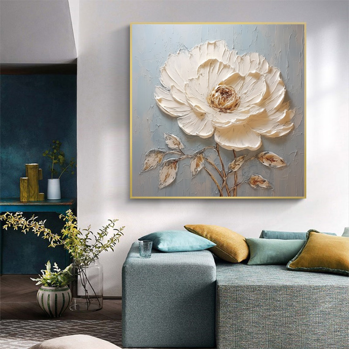 Single White Peony Flower Thick Impasto on Gray Blue Art Poster - Image 4