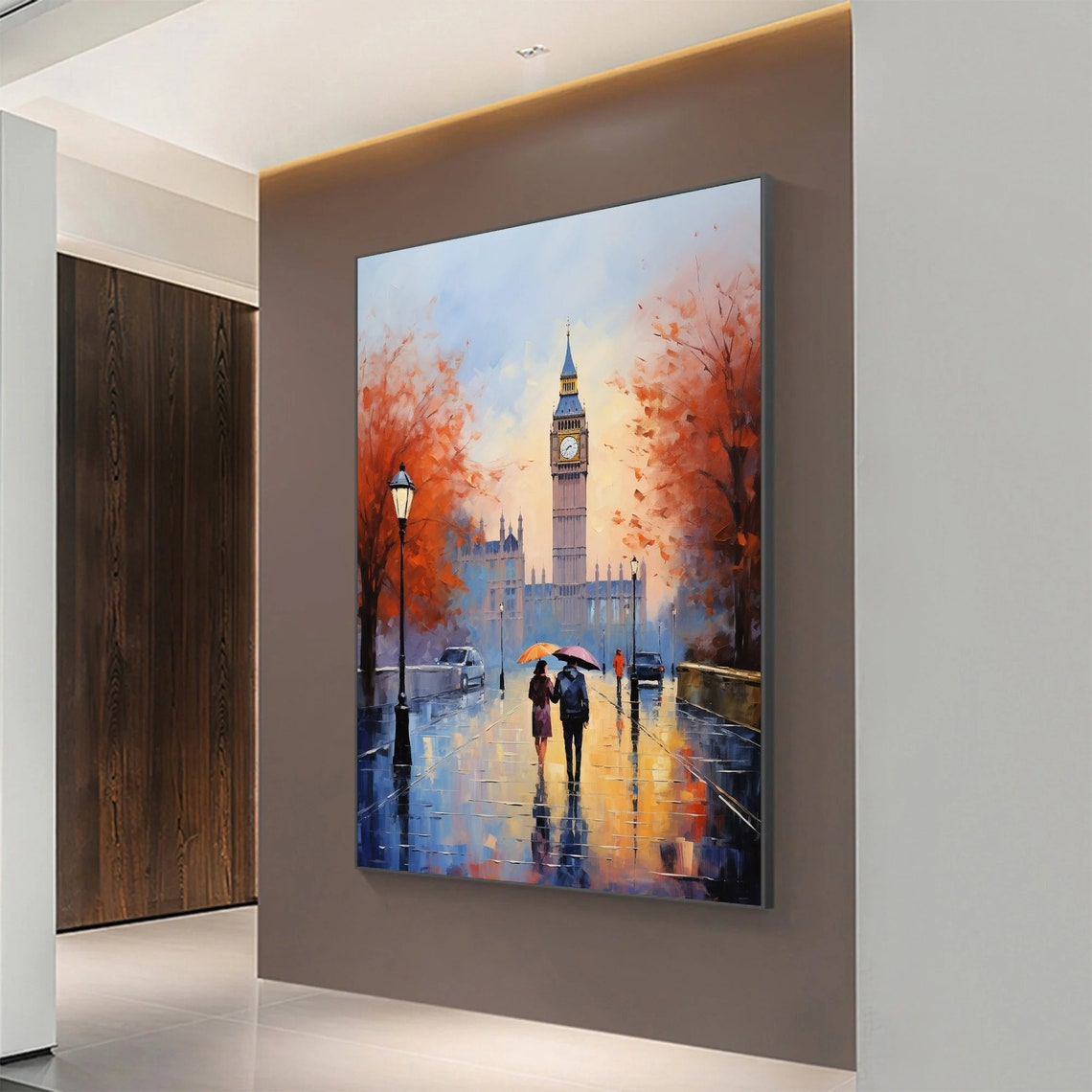 Rainy London Bridge at Sunset with Couple Under Umbrella Poster - Image 6