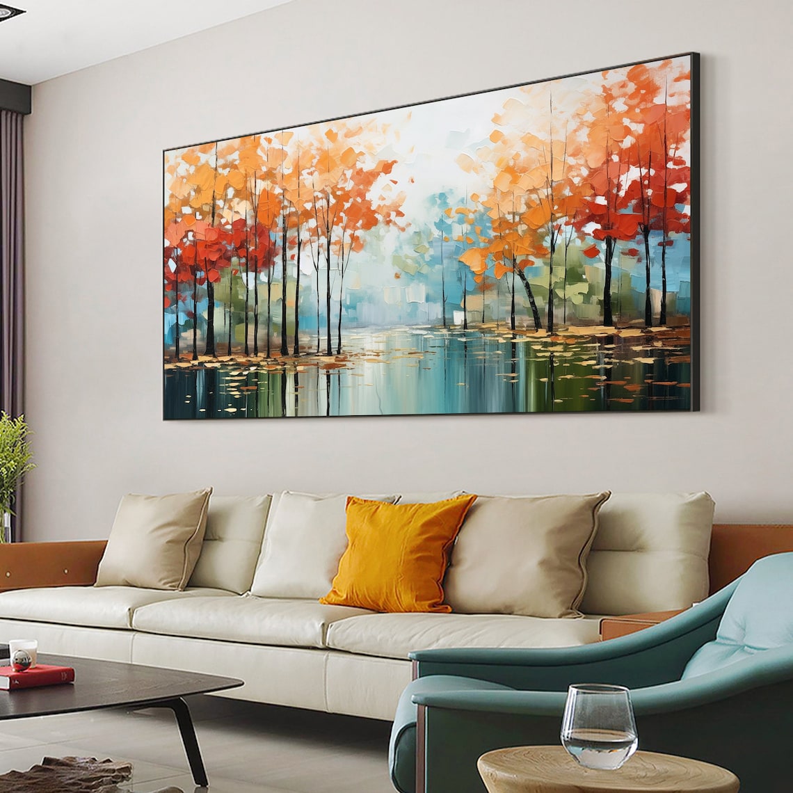 Autumn Forest Trees Reflecting Lake Impasto Landscape Painting Poster - Image 5
