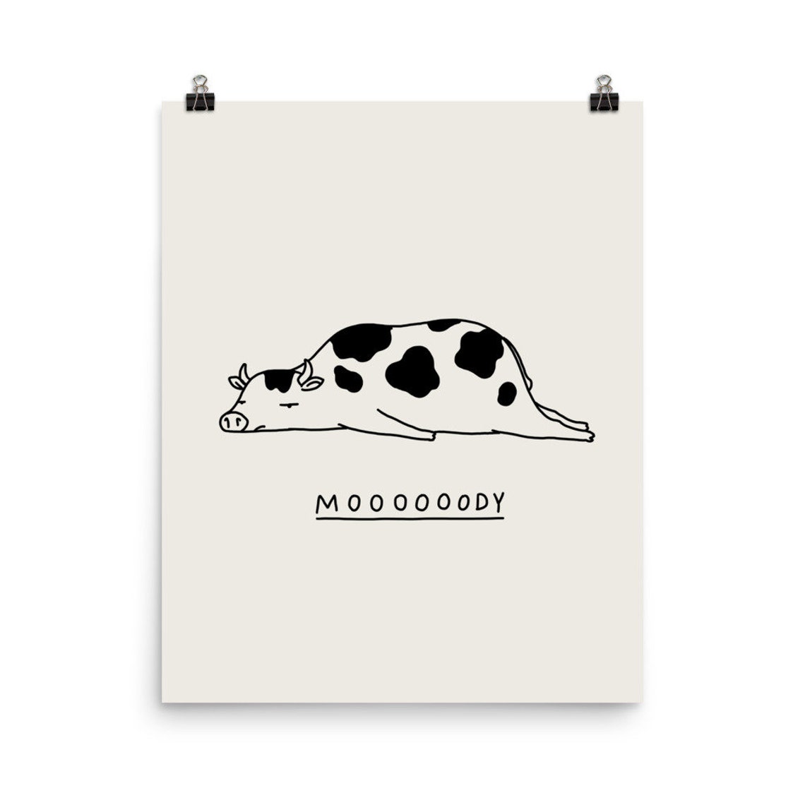 Moody Cow Funny Sleeping Black White Line Drawing Minimalist Poster