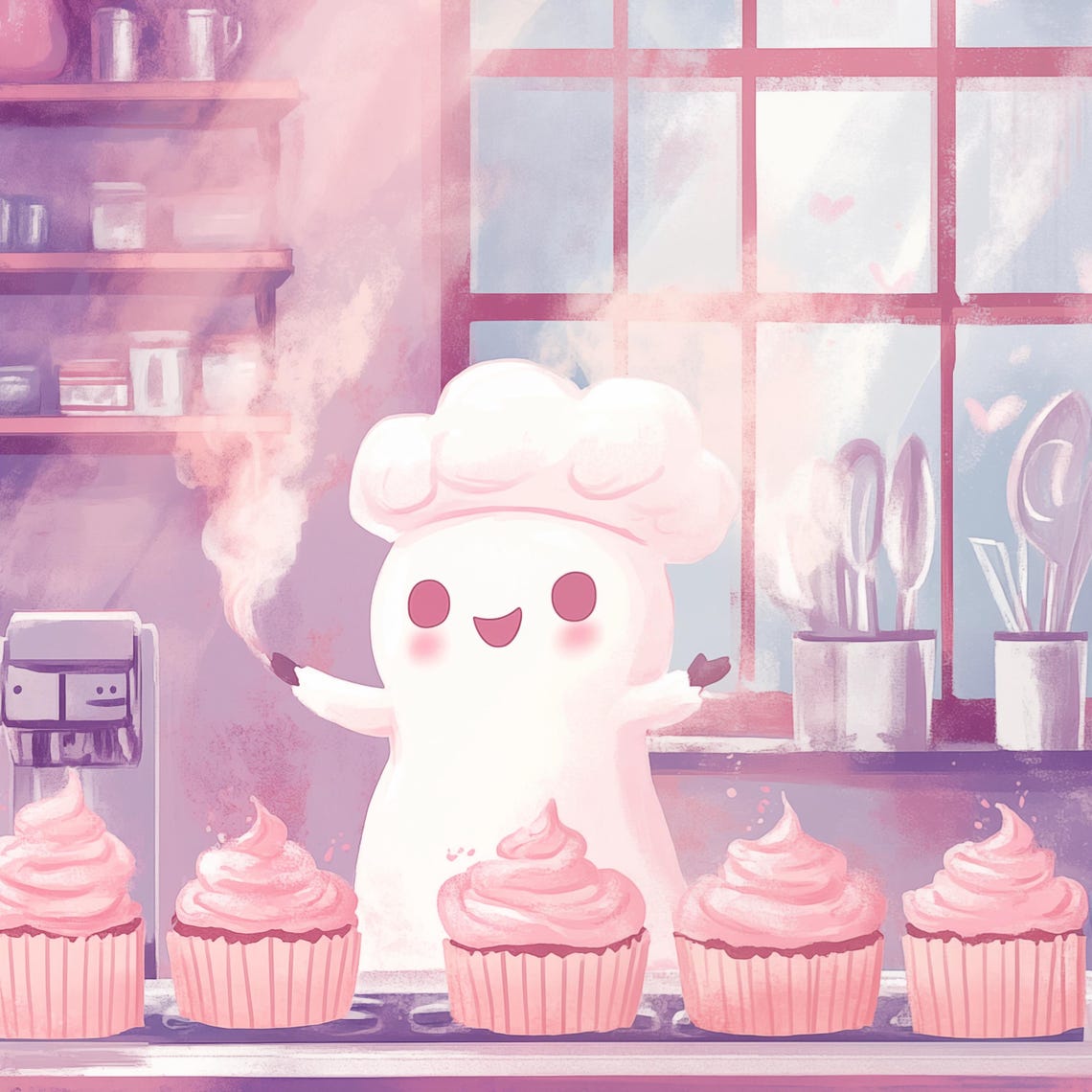 Cute Ghost Chef Baking Cupcakes In Purple Bakery Kitchen Poster - Image 4