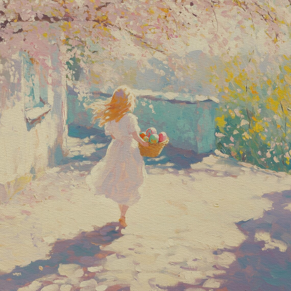 Girl Carrying Easter Eggs Through Blooming Spring Village Painting Poster - Image 4