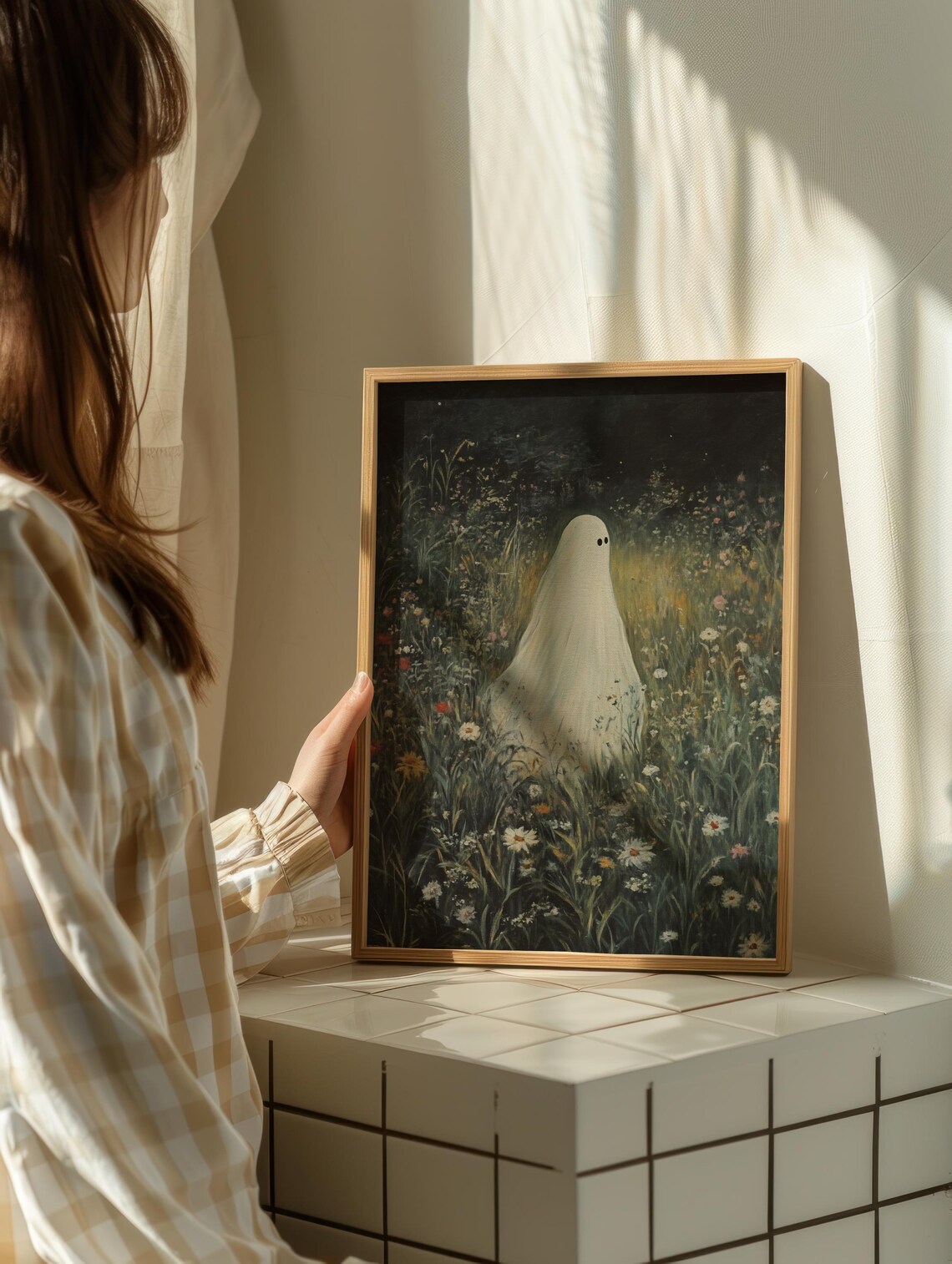 Ghost in a Wildflower Meadow at Night Vintage Halloween Oil Painting Wall Art - Image 2